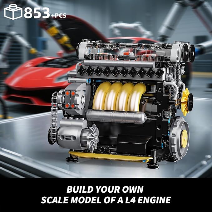 L4 Engine Building Sets for Adults, MOC Inline 4-Cylinder Mini Car Motor Model Kit that Runs, DIY STEM Toy Gift for Teens 14+ (853 PCS)