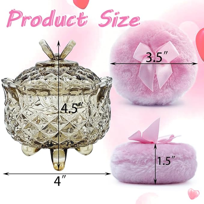 4" Glass Dusting Powder Container with 2 Fluffy Puffs,Cute 3.5" Soft Body Powder Puff and Jar Set(Butterfly-tawny)