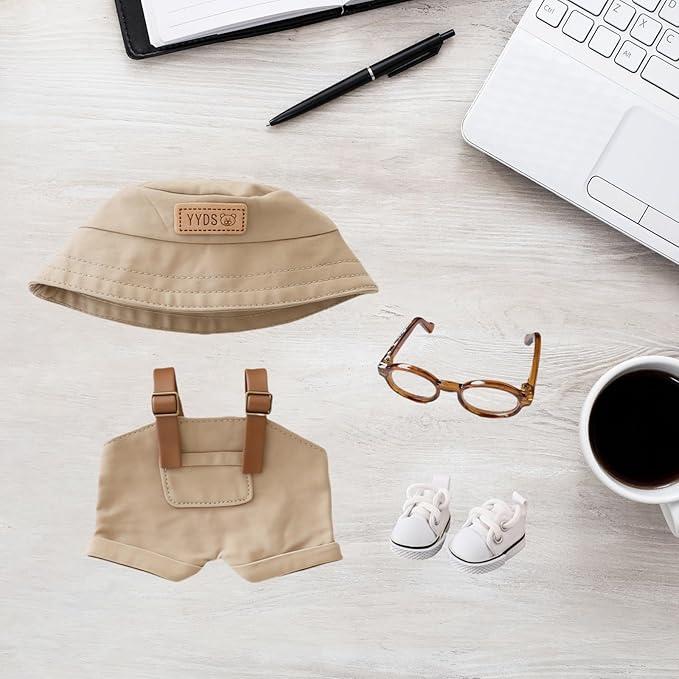 Clothes for Dolls Accessories, Stylish Kawaii Overalls Outfit Set 4 Pieces Bib Pants for 15cm 17cm Doll, Cute Doll Hat Shoes Clothing Set Replacement Khaki