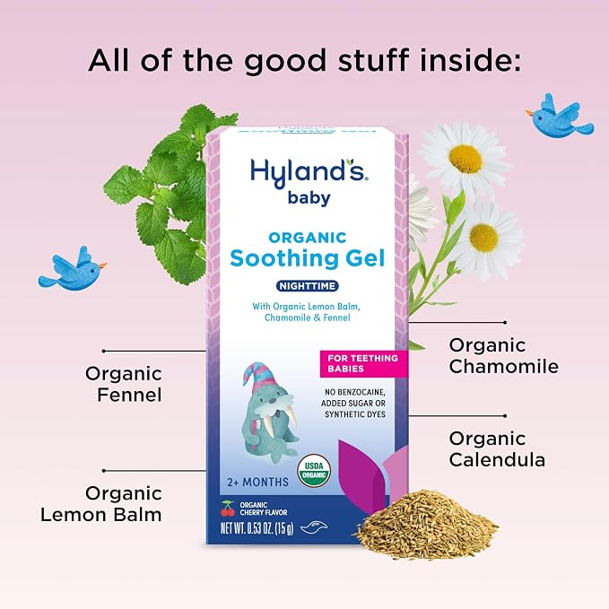 Hyland's Baby Nighttime Oral Soothing Gel - .53 oz, Organic Cherry Flavor - Nighttime Baby Gel for Oral Discomfort and Teething Support with Chamomile, Calendula, Fennel & Lemon Balm