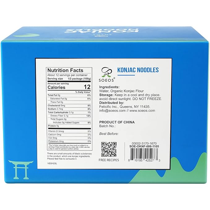 Soeos Organic Konjac Noodles, Fettuccine, 9.5oz (270g) 6 Packs, Kosher, Sugar Free, Gluten Free, Low Calorie, Low Carb Pasta, Shirataki Noodle