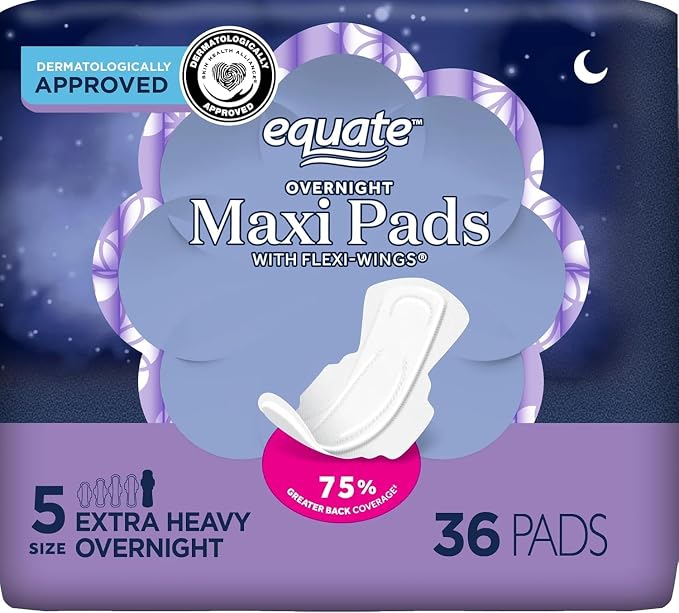 Equate Overnight Feminine Pads with Wings, Extra Heavy Flow, Size 5, Unscented, 36 Count (Pack of 2) – 72 Pads Total