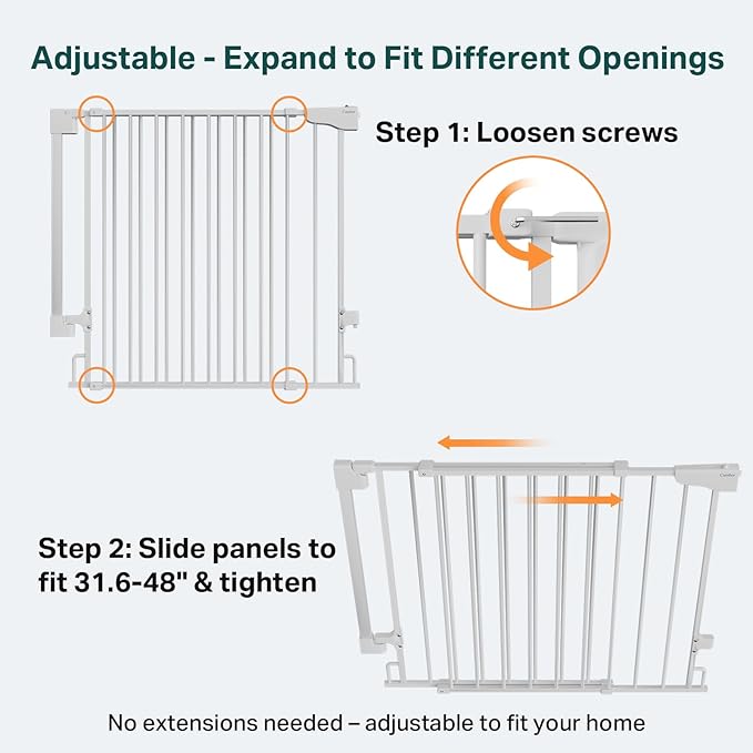 Cumbor 34" Extra Tall Baby Gate for Stairs, Hardware Mounted (Drill Required), Expandable 31.6-48" No Bottom Bar Dog Gate Indoor for Larger Pets, Large Walk Thru Door for Easy Access (White)