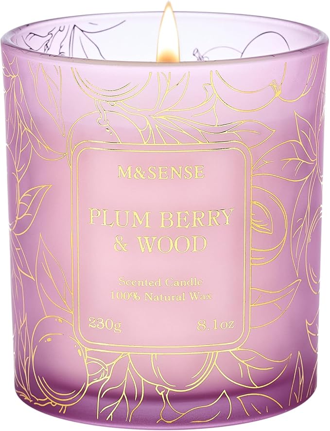 M&SENSE Plum Berry Wood Soy Candle, 8.1oz Gilded Glass, Fall Warmth Gift | 42H Long Burn, Non-Toxic, Cozy Relax Romantic Home Fragrance, Warmer Compatible, Reusable Glass, Sensitivity-Safe