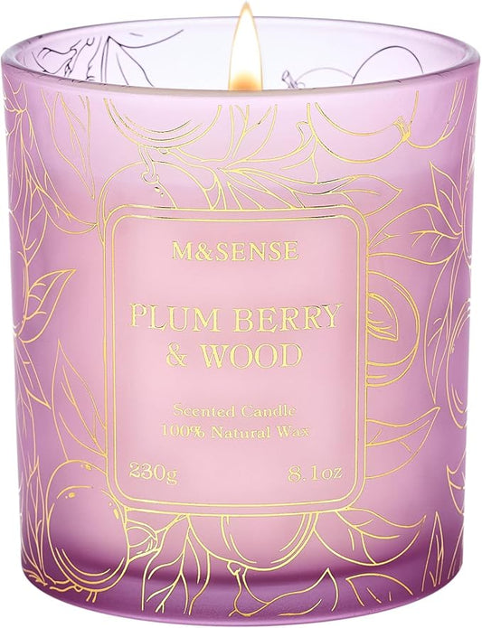 M&SENSE Plum Berry Wood Soy Candle, 8.1oz Gilded Glass, Fall Warmth Gift | 42H Long Burn, Non-Toxic, Cozy Relax Romantic Home Fragrance, Warmer Compatible, Reusable Glass, Sensitivity-Safe