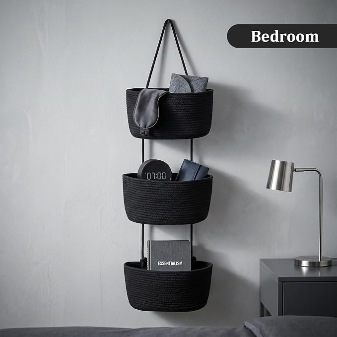 TeoKJ Over the Door Hanging Basket, 3-Tier Woven Cotton Wall-Mounted Storage Organizer Bag Decorative Hanging Nursery Baskets, Black