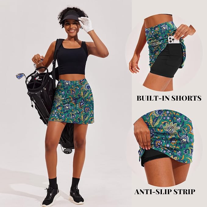 Ekouaer 16" Skorts for Women with Pockets Golf Pickleball Tennis Skirt | Silicone Grippers,2 Inner Pockets,Wide Waist,Side Slit Hem,Breathable,Soft,Lightweight