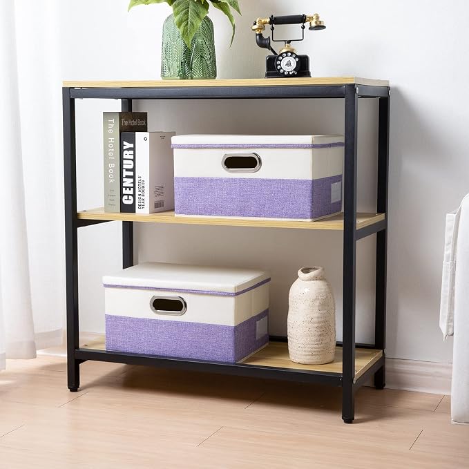 Collapsible Storage Bin with Lid [3-Pack] Fabric Foldable Storage Box Organizer Container Basket Cube with Cover for Home Bedroom Closet Office Nursery Purple&Cream(14.9x9.8x9.8)