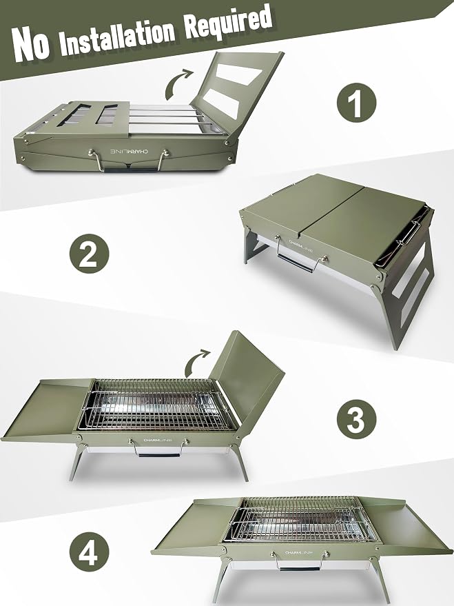 Charmline 18 x 13 inches Large Foldable Portable Charcoal BBQ Grill, Camping BBQ Grill for 3–5 People, Ideal for Camping, Garden, Beach, Picnic & Tabletop Use, Green