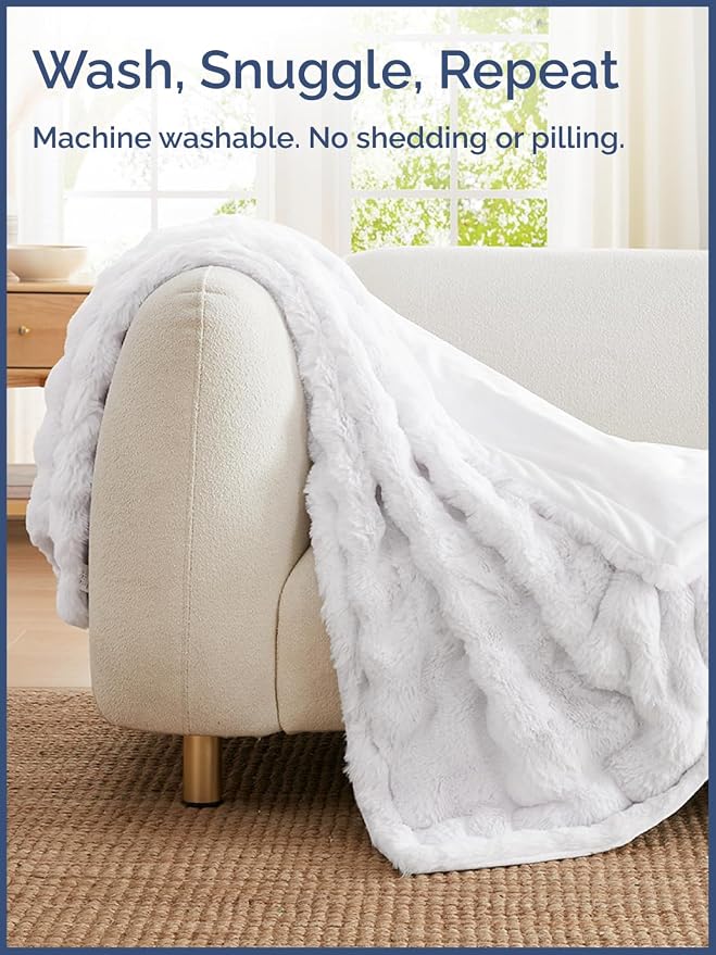 3D Fleece Bubble Blanket Throw Size - Rabbit Blanket - 50" x 60", White | Soft Fluffy Faux Fur Blanket for Couch Sofa & Chair, Cozy Gifts for Women, Tie Dye Cloud Throw Bed Cover, Thick Plush Bedding