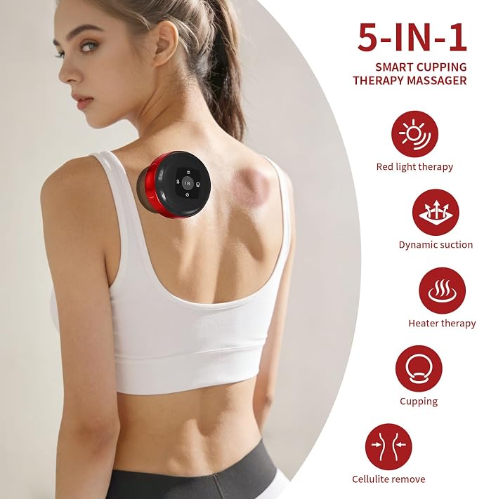 5-in-1 Smart Dynamic Cupping Therapy Massager Set, 12 Levels Heat & Suction Cupping Kit for Massage Therapy, Electric Cupping Device with Red Light Therapy for Back Pain, Knots, Muscle Soreness (Red)