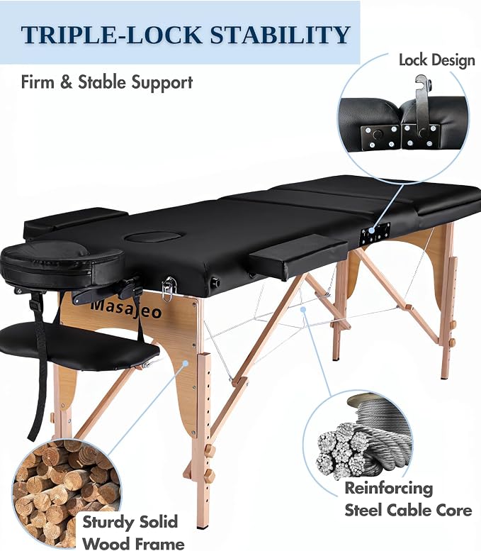 Portable Massage Table Massage Bed Professional SPA Reiki Eyelash Salon Bed, Wooden Frame Height Adjustment Accessories, Black (3-Section)