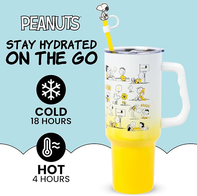 Silver Buffalo Peanuts Featuring Charlie Brown, Snoopy, Woodstock, Lucy, Sally, Linus, and More Stainless Steel Tumbler with Handle and Straw, Fits in Standard Cup Holder, 40 Ounces (Pack of 12)