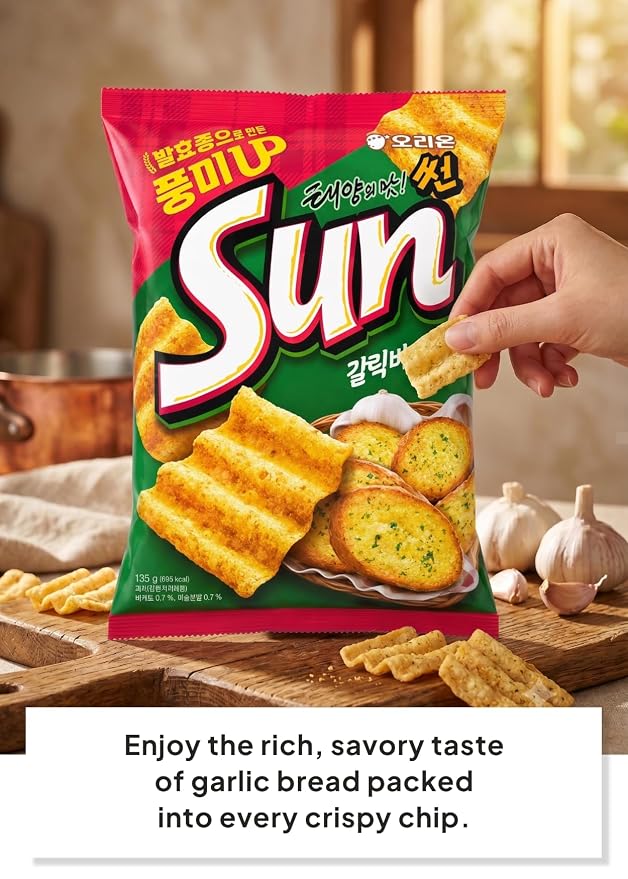 Korean Food Orion Sun Chips Garlic Baguette Multigrain Chips, 4.76 oz | Sweet&Savory Taste, Light&Crispy Texture, Great for Snacking, Party Snack