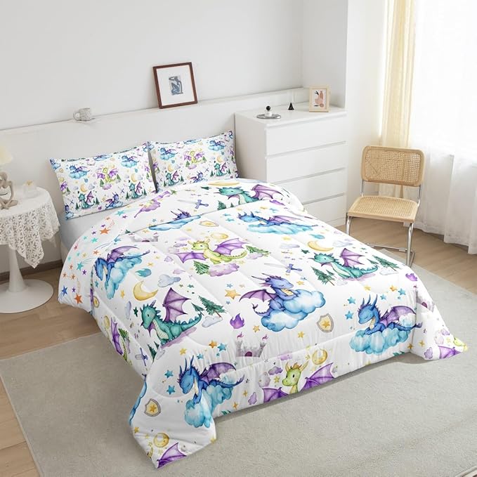 Feelyou Dragon Comforter Set Twin Size Cute Comforter for Boys Girls Teens Kawaii Bedding Set Dragon Stuff Duvet Set Room Decor White Quilt Set