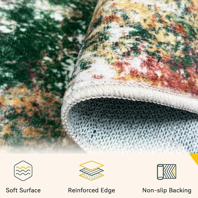 RELEANY Washable Runner 2'x10' Abstract Area Rug for Hallway Green Multi | carpet for kitchen, entryway, bathroom, living room, bedroom, printed pattern, non-slip, soft, stain-resistant, easy to clean