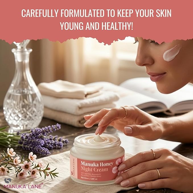 Manuka Lane Manuka Honey Night Cream for Face and Neck with Argireline, Rosemary, Sweet Almond Oil, & Vitamin A | Plant Based Formula | Carefully formulated to keep your skin young and healthy!