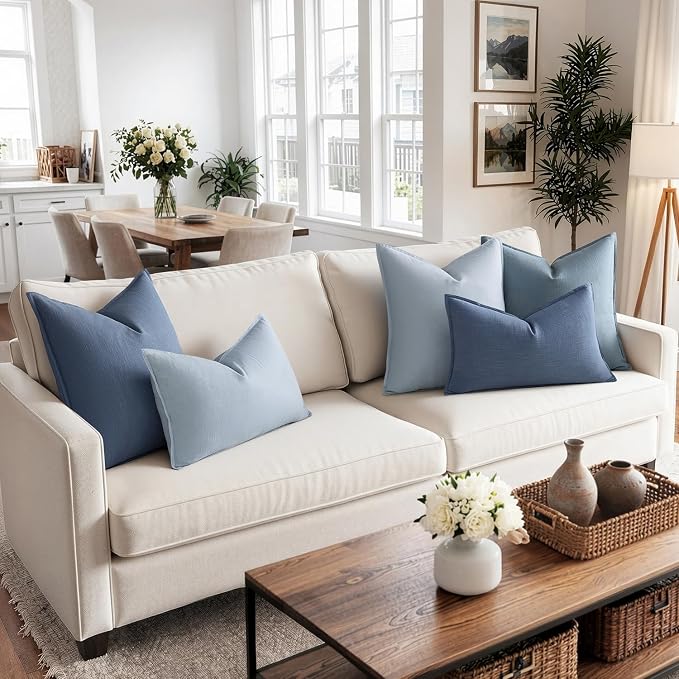 MIULEE Decorative Linen Lumbar Pillow Cover 12x20 Inch Light Blue | Boho Farmhouse Couch Long Throw Pillow for Bed, Pack of 1 Accent Coastal Modern Pillowcase, Sofa Livingroom Home Decor