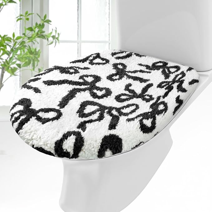 Black Bow Toilet Lid Cover Washable Coquette Cute Plush Toilet Cover for Bathroom Decor Soft Microfiber 17.5 x 15 Inch Non Slip Rubber Backing Fits Most Round, Elongated