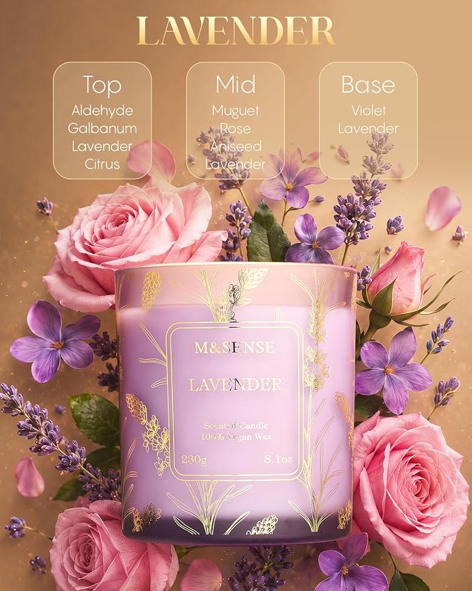 M&SENSE Lavender Soy Candle, 8.1oz Gilded Glass, Sleep Calming Spa Gift | 42H Long Lasting, Non-Toxic, Aromatheraphy Home Fragrance, Warmer Lamp Compatible, Reusable Spa Jar