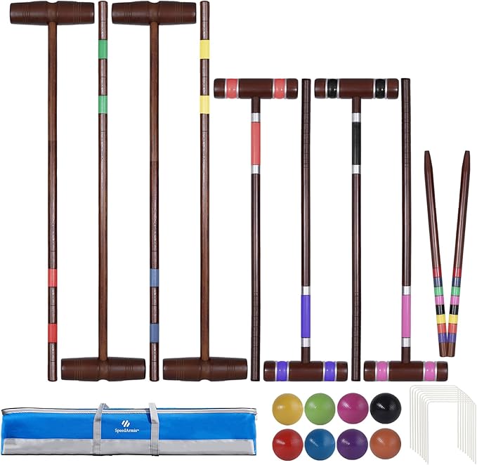 SpeedArmis Deluxe 8 Players Croquet Set with 32In Regulation | 28In Standard Size Rubber Wood Mallets, Colored PE Ball, Wickets, 21In End Stakes - Lawn Backyard Game for Teens/Adults/Family
