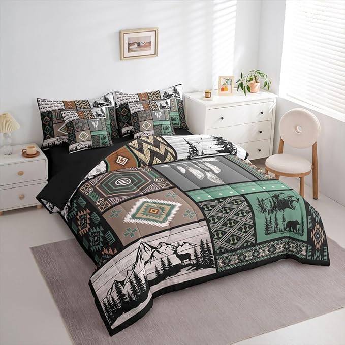 Feelyou Rustic Bear King Comforter Set with Sheets for Kids Boys Girls Retro Bohemian 7 Pieces Bedding Set Farmhouse Cabin Hunting Deer Bed in a Bag Buffalo Plaid Room Decor Soft Microfiber