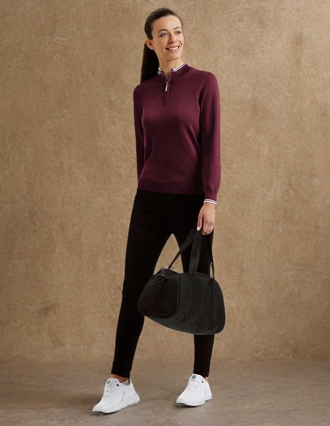 JACK SMITH Quarter Zip Pullover Sweaters for Womens, Rib Polo Sweater Tops | V Neck,Knit,Long Sleeve,Argyle,Open Pattern,Callar,Lightweight,Fashion,Golf Work Business Daily Wear Versatile Pullover Shirt