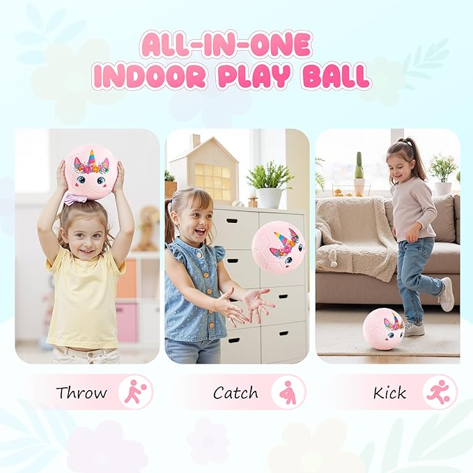 Toddler Soccer Ball with Plush Cover, BPA Free - Size 3 Soccer Ball Soft Touch with Pump for Babies, Toddlers & Kids Ages 1-3 3-5 5-8 - Indoor Outdoor Toys Gift for Boys Girls' Birthday (Pink)