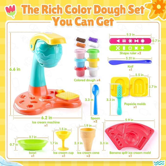 PLAY Clay Dough Set with Ice Cream Maker Machine/Noodle Maker/Banana Split Ice Cream Mold Kitchen Creations Arts Crafts Play Food Toys Tools Kit for Boys Girls Kids Toddlers Ages 3+