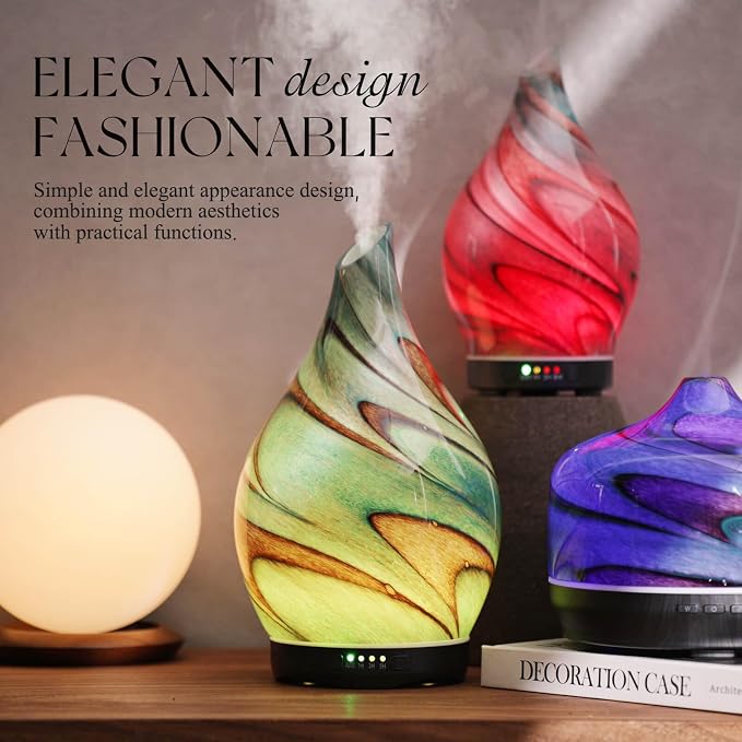 Porseme 280ml Essential Oil Diffuser Glass Color Changing Aroma Air Diffusers Aromatherapy Ultrasonic Cool Mist Humidifier with Remote Control 7 Running Hours Waterless Auto-Off (Teal Green)