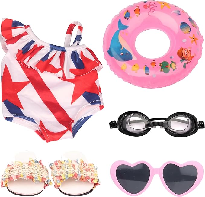 18 Inch Doll Clothes & Accessories Bundle-5-Pcs Summer Beach Playset with Swimsuit,Sandals,Goggles,Sunglasses & Inflatable Ring for 18 Dolls Wardrobe