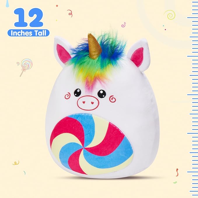 Athoinsu 12‑Inch Rainbow Unicorn Plush Pillow Soft & Cuddly Stuffed Animal for Kids Toddler Girls and Boys, Cute Rainbow Belly Plush Gift