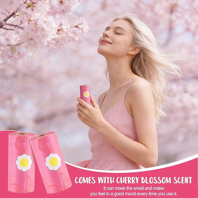 Portable Sanitary Napkin Disposal Bags Sakura Scented with Pink Bag Dispenser 0.5 Gallon Fits Tampons, Sanitary Napkins, Diapers 165 pcs