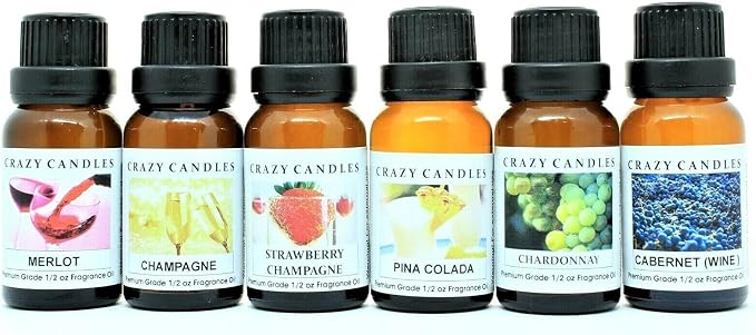 Crazy Candles 6 Bottle Set (Made in USA) 1 Merlot, 1 Cabernet, 1 Champagne, 1 Chardonnay, 1 Strawberry Champagne, 1 Pina Colada 1/2 Fl Oz Each (15ml) Premium Fragrance Oils
