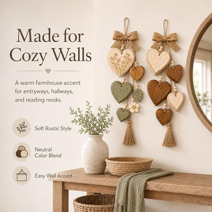 Rustic Solid Wood Heart Wall Hanging, Farmhouse Burlap Bow Decor with Distressed Wooden Hearts & Pendants, Romantic Art for Bedroom & Home Room, Vintage Charm Art Decor Signs(Sage Wildflower)