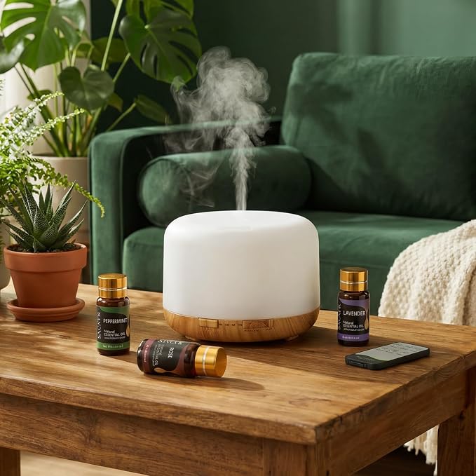 SACATR 500ML Aroma Diffuser for Home, Ultrasonic Quiet Essential Oil Diffuser with 36 Natural Oils, 15 LED Colors, Remote Control & Auto Shut-Off for Home Office Decor Gift