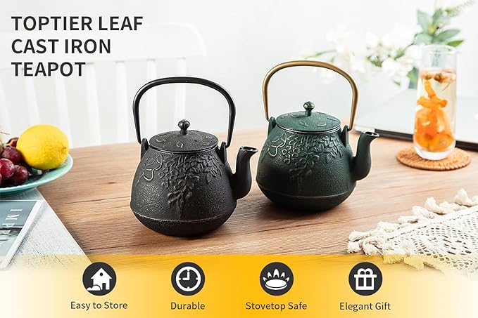 TOPTIER Japanese Cast Iron Tea Kettle with Infuser, Leaf Design Teapot Stovetop Safe Coated with Enameled Interior for 32 Ounce (950 ml), Dark Green