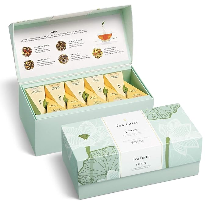 Tea Forte Premium Presentation Box Gift Set Sampler, 20 Count, Assorted Blends Individually Wrapped Handcrafted Pyramid Infuser Bags, Lotus Tea