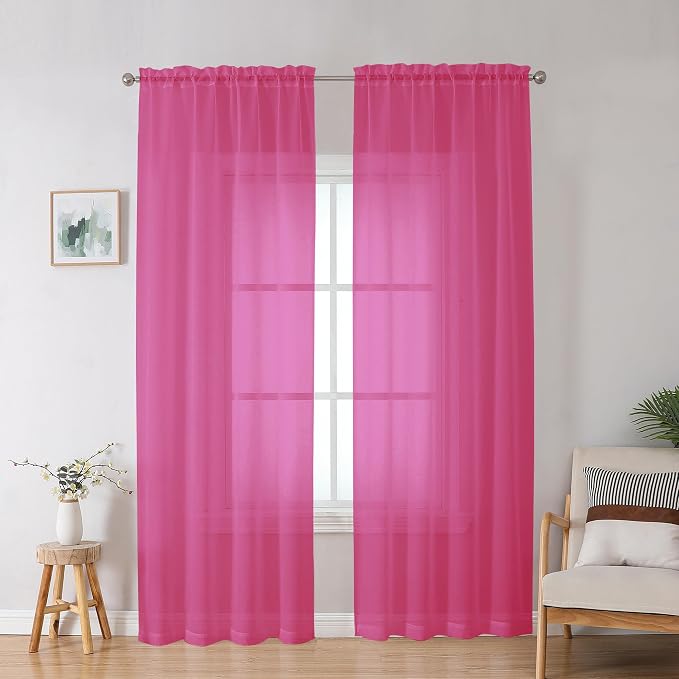 OWENIE Hot Pink Sheer Curtains for Bedroom Living Room 90 Inches Long, Elegant Solid Light Filtering Window Curtain Panles, Modern Rod Pocket Hot Pink Curtain, 2Pcs, Each 42" W x 90" L