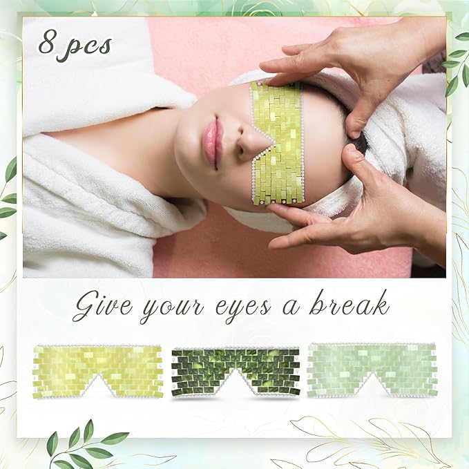 Chicingyou 8 Pcs Jade Eye Mask Bulk with 100% Real Jade Reusable Facial Cooling Mask with Beads for Hot and Cold Therapy to Reduce Wrinkles Puffiness Migrained and Anti-Aging(Green)
