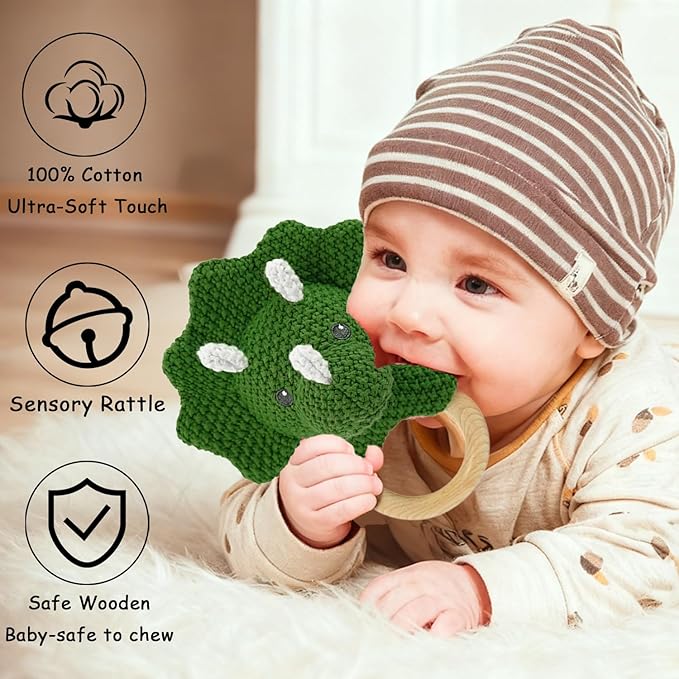 10'' Baby Green Triceratops Stuffed Animal Set with 5.9'' Dino Wooden Baby Rattle Cute Cotton Baby Boy Gifts Teething Plush Doll Toy Teddy Bear for Newborn, Baby Shower, Birthday, Easter Gift