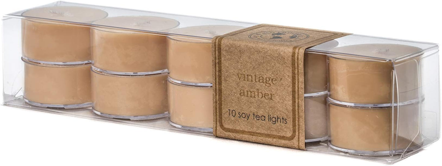 Eco Candle Co. Vintage Amber Tea Light Candles, 10-Pack, 9 Hr Burn Time | Scents of Wood Resin, Nutmeg, Cinnamon, & Vanilla - Recyclable, No Lead, Hand Poured, Midwest Grown Soybeans, .6 oz. Each