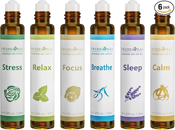 Aromatherapy Essential Oils Roll On Set, Natural Pre-diluted Blend Oils for Skin Use, Relaxation Gift for Women & Men, Pack 6 x10ml