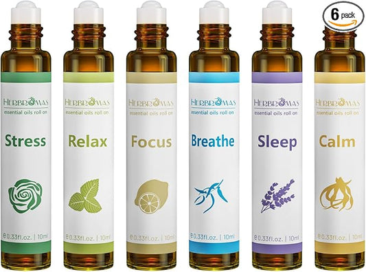 Aromatherapy Essential Oils Roll On Set, Natural Pre-diluted Blend Oils for Skin Use, Relaxation Gift for Women & Men, Pack 6 x10ml