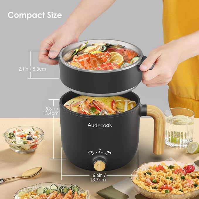 Audecook Hot Pot Electric with Steamer, 1.5L Portable Nonstick Rapid Noodles Cooker, Travel Electric Skillet with Dual Power Control for Ramen/Pasta/Soup/Steak/Egg/Oatmeal (Black)