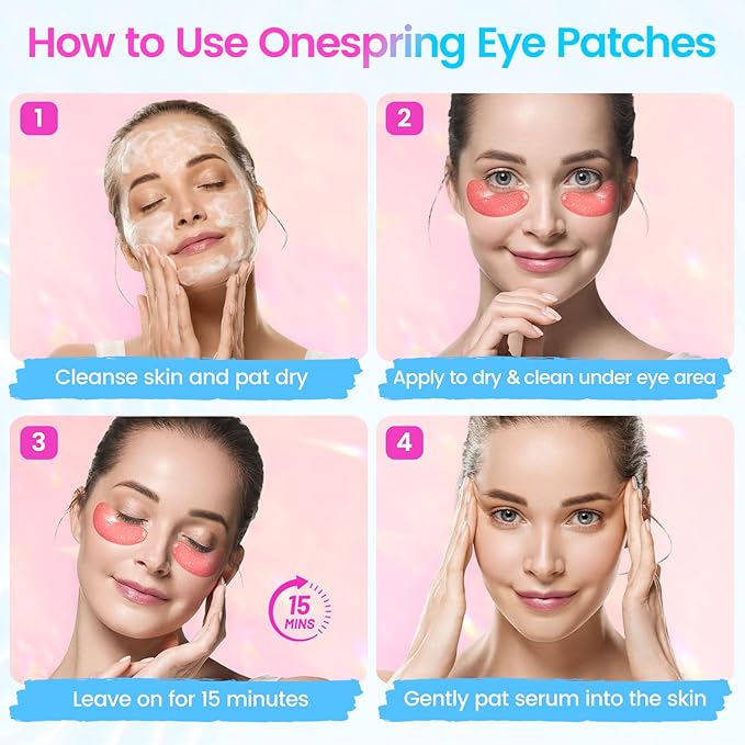 Onespring Eye Masks (8 Pairs) - Travel Essentials - Under Eye Patches for Dark Circles, Puffiness, Fine Lines with Collagen, Revitalises and Refreshes Your Skin, Bridesmaid Gift for Her