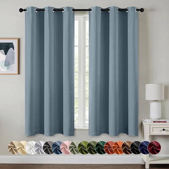 MIULEE Blackout Curtains for Bedroom 2 Panel 40 x 63 Inch Long Greyish Blue | Thermal Insulated, Living Room Darkening Grommet Drapes, Noise Reducing, Light Blocking Window Treatments