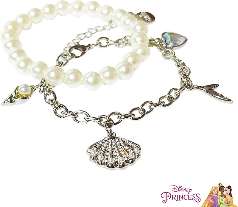 LUV HER Disney The Little Mermaid Bracelet Set for Girls Age 3+ - Pearl & Chain Bracelets with Seashell, Mermaid Tail, Heart Charms - Ideal for Dress-Up & Themed Parties - Adjustable & Layered Style