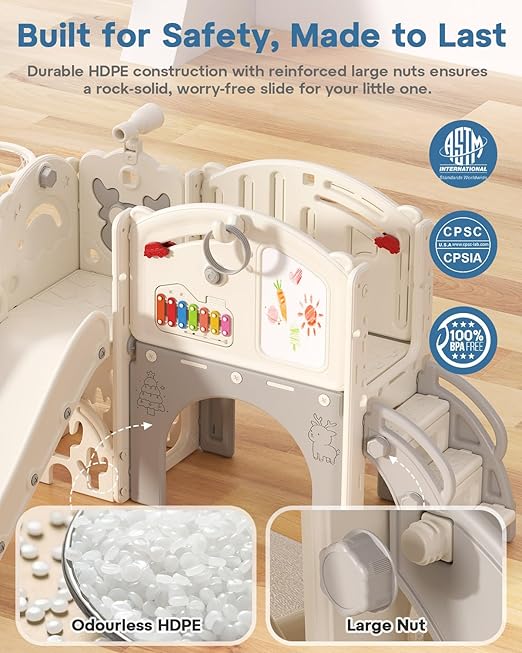 BIERUM Toddler Slide Set, 13 in 1 Kids Indoor Slide for Toddler 1-3, Indoor Outdoor Toddler Slide Playset with Basketball Hoop, Golf Game & Drawing Board, Baby Indoor Slide Playground, Cream&Gray