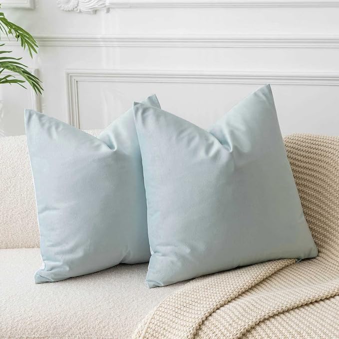 Throw Pillow Covers Set of 2 Velvet Cushion Covers 14x14,Powder Blue | Decorative Pillow Covers with Invisible Zipper for Couch Sofa Bed Living Room Bedroom Home Decor